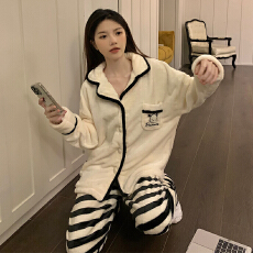 批发法兰绒开衫睡衣女冬季女款新款翻领加厚保暖大码家居服