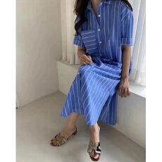 批发<b class='q'>韩版</b>chic复古条纹短袖衬衫裙过膝宽松连衣裙女