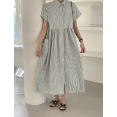 批发韩国chic 夏季宽松口袋条纹连衣裙