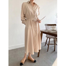 批发韩国chic极简主义春季新款 百搭翻领单排扣系带收腰衬衫<b class='q'>连衣裙</b>女