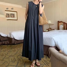 批发韩国chic极简主义<b class='q'>夏</b>季气质圆领压褶收腰无袖背心连衣裙