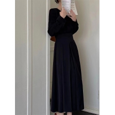 批发<b class='q'>长袖</b>收腰纯色连衣裙女秋冬高腰百褶长裙