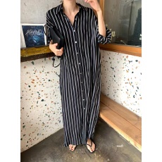 批发极简慵懒风气质翻领条纹宽松显瘦落肩袖衬衫式连衣裙