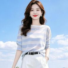 批发2026新款防晒T恤夏季韩系清新条纹长袖上衣女设计感