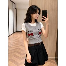 批发甜美可爱风女假两件撞色短袖T恤夏季新款设计感上衣