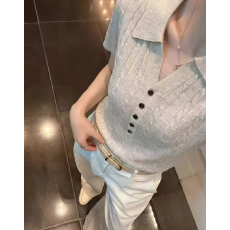 批发夏季新款复古老钱风Polo领薄款短袖针织上衣女T恤