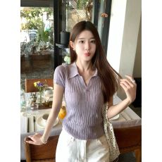 批发夏季新款显瘦显白翻领短袖上衣女设计感肌理感Polo衫