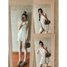 批发小香风无袖<b class='q'>西装</b>马甲百褶短裙<b class='q'>套装</b>女2026夏季高级老钱风时尚两件套