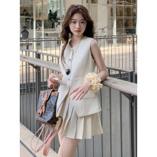 批发小香风无袖<b class='q'>西装</b>马甲百褶短裙<b class='q'>套装</b>女2026夏季高级老钱风时尚两件套