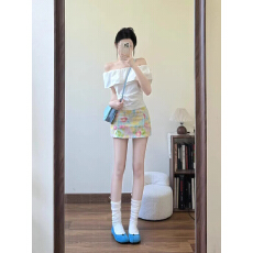 批发法式白色一字领露肩修身小衫上衣女夏季甜辣绝美穿搭一整<b class='q'>套装</b>裙子