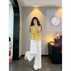 批发不规则荷叶边甜美无袖<b class='q'>波点</b><b class='q'>衬衫</b>阔腿休闲长裤女夏季新款时尚套装潮