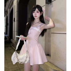 批发纯欲风连衣裙夏新款<b class='q'>吊带</b>蝴蝶结减龄少女高腰显瘦粉色千金公主短裙
