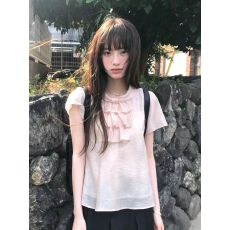批发韩系温柔减龄荷叶叠层领<b class='q'>短袖</b>衬衫蝴蝶结设计宽松显瘦轻薄<b class='q'>雪纺上衣</b>