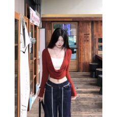 批发多巴胺红色荡领假两件露背修身长袖T恤女新款<b class='q'>秋</b>季辣妹上衣