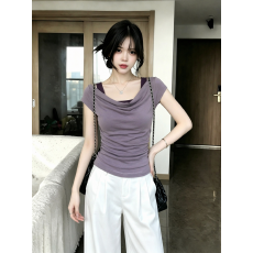 批发假两件堆堆领短袖 T 恤女撞色内搭侧边褶皱收腰修身紫色短<b class='q'>上衣</b>