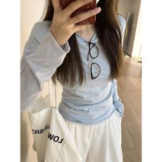 批发baby蓝色正肩长袖t恤女早秋薄款修身显瘦卷边打底上衣