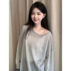 批发夏季条纹撞色针织防晒罩衫女薄款<b class='q'>宽松</b>慵懒风长袖<b class='q'>t</b><b class='q'>恤</b>上衣