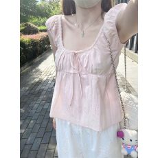 批发纯欲粉色甜辣方领衬衫女夏季新款设计感小众<b class='q'>宽松</b>上衣