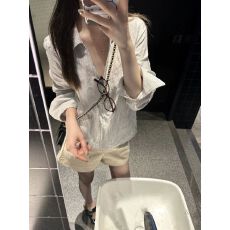 批发条纹V领<b class='q'>衬衫</b>女夏季<b class='q'>宽松</b>慵懒防晒<b class='q'>衬衣</b>高级长袖拉链上衣