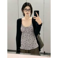 批发复古碎花吊带背心宽松百搭黑色开<b class='q'>衫</b>休闲穿搭套装秋季别致显瘦上衣