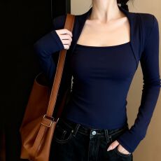 批发辣妹纯欲风性感垫肩方领打底衫女春夏带胸垫皮草内搭长袖低领上衣