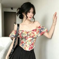 批发法式花朵温柔风碎小衫碎花鱼骨一字肩上衣女夏雪纺<b class='q'>上装</b>