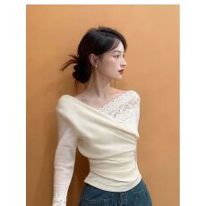 批发斜肩交叉褶皱长袖上衣女拼接<b class='q'>蕾丝</b>花边领口袖口收腰显瘦温柔<b class='q'>打底衫</b>