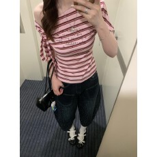 批发玖玖老钱风原版粉条+可拆卸绑带T恤女夏季<b class='q'>修身</b>显瘦百搭独特上衣