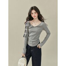 批发2026新款解构式灰色长袖T恤女<b class='q'>秋</b>蝴蝶结绑带不规则领针织上衣