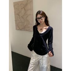 批发2026系带假两件长袖T恤女<b class='q'>秋</b>季修身百搭上衣