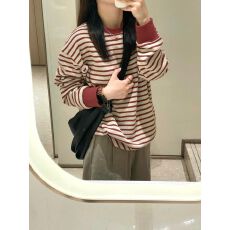 批发韩系慵懒红色条纹圆领<b class='q'>卫衣</b>女秋季2025新款<b class='q'>宽松</b>休闲上衣