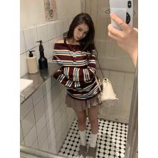 批发甜酷辣妹风长袖T恤女秋撞色条纹修身显瘦打底衫休闲上衣