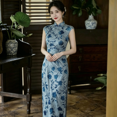 批发蓝色旗袍女新中式改良连衣裙夏<b class='q'>大码</b>有弹力修身日常2026新款巨好看