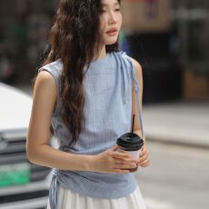 批发法式蓝色<b class='q'>条纹</b>收腰衬<b class='q'>衫</b>女抽绳T恤绑带夏季甜酷无袖上衣
