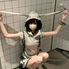 批发夏季<b class='q'>可爱</b>宅萌系亚萌修身日系兔耳连帽短袖拉链少女上衣短裙套装女