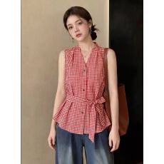 批发港风红色格纹收腰衬衫女夏季挂脖飘带无袖背心上<b class='q'>衣服</b>