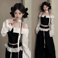 批发波点拼接芭蕾风一字肩抹胸衬衫辣妹阔腿裤2026<b class='q'>春</b>季新款时尚套装女