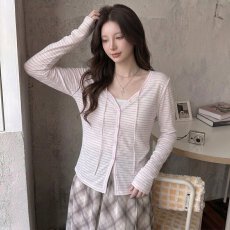 批发条纹V领绑带<b class='q'>开衫</b>防晒外套女韩系慵懒宽松<b class='q'>薄</b>款外搭上衣