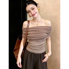 批发法式绝美一字领露肩<b class='q'>针织衫</b>女夏高级感收腰短袖上衣