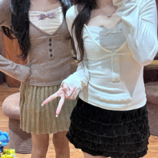 批发假两件蕾丝拼接蝴蝶结长袖T恤女秋<b class='q'>冬</b>季修身显瘦短款内搭辣妹上衣