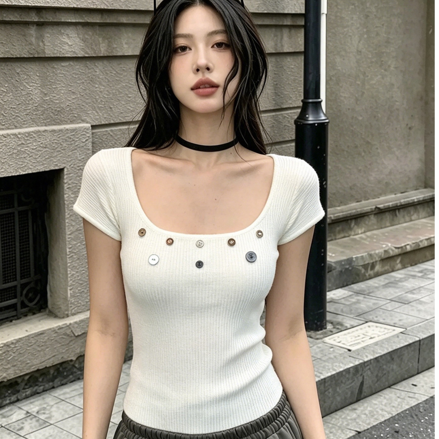 方领短袖女夏季辣妹打底衫设计感短款收腰chic上衣 服裝批發女裝批發服飾貨源