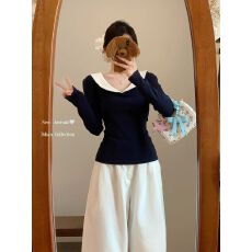 批发<b class='q'>娃娃领</b>拼色修身内搭<b class='q'>t</b><b class='q'>恤</b>女秋季新款百搭 上新款 纯欲风 辣妹风