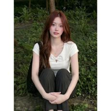 批发韩系甜辣风波点<b class='q'>娃娃领</b>短袖<b class='q'>t</b><b class='q'>恤</b>女夏季设计感小众掐腰正肩短款上衣