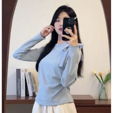 批发绑带蝴蝶结长袖女小众设计感T恤 秋季新品 高级感 气质款 收腰
