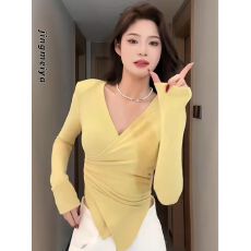 批发交叉v领长袖T恤女收腰显瘦内搭上衣 上新款 优雅 洋气 高腰 垂感
