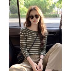 批发船型领细条纹长袖T恤女秋季简约百搭正肩套头设计感休闲上衣