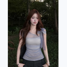 批发<b class='q'>夏</b>季新款紫色巨好看短袖T恤女露肩设计感收腰气质上