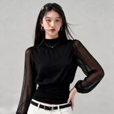 批发人棉260克 法式秋冬高领灯笼袖显瘦拼接上衣女长袖衬衫 新款上市