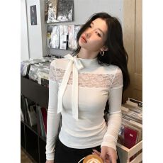 批发韩系氛围感蕾丝拼接长袖T恤女秋半高领打底上衣 秋款上新 复古风