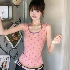 批发吊带背心女士外穿叠穿古早日杂奶乖粉色挂脖上衣假两件 新款上市